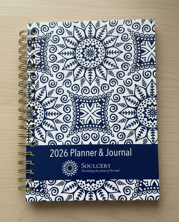 2026 planner & journal with blue and white pattern on a white background