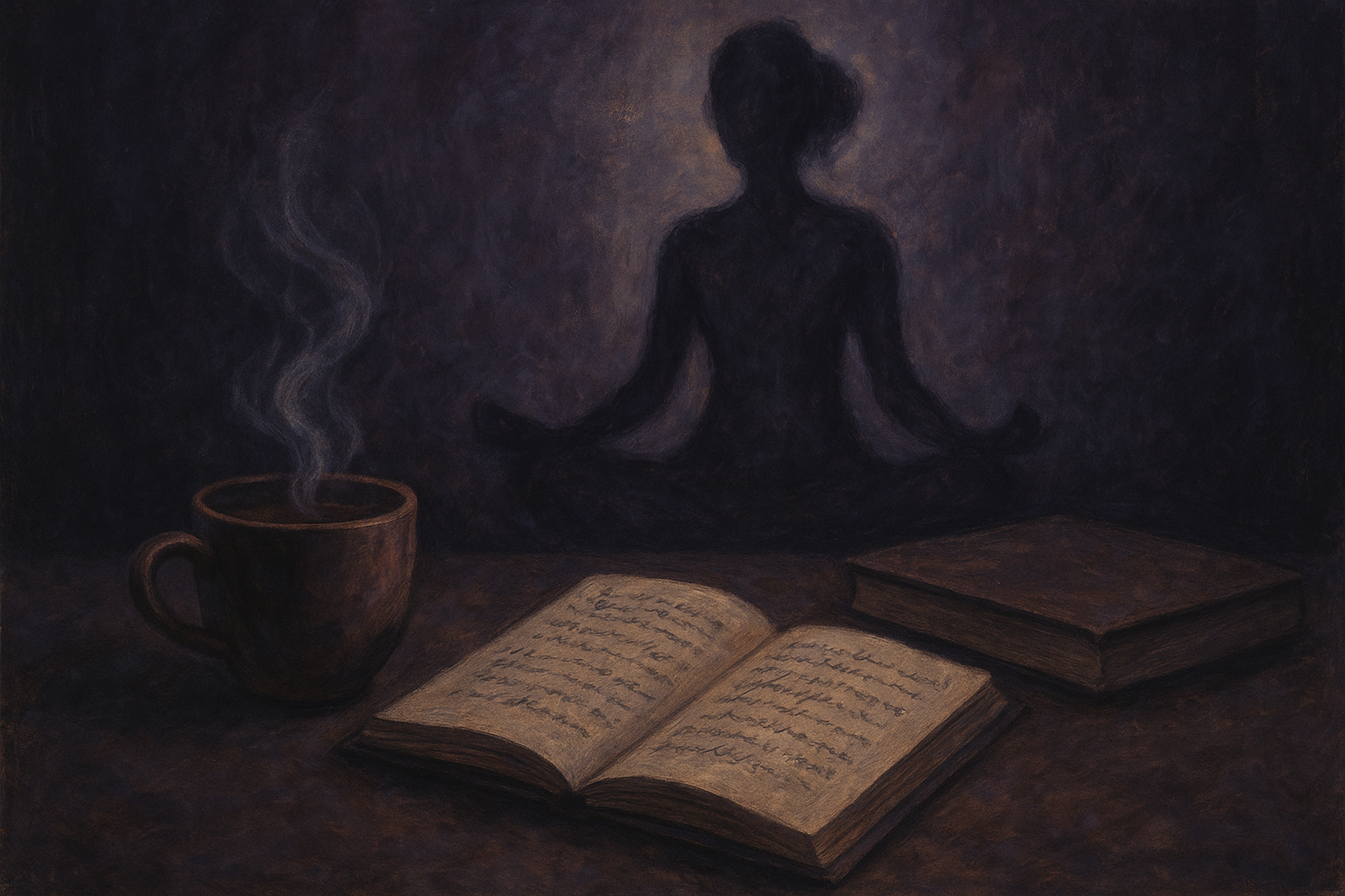 abstract woman in background + meditation + coffee cup + journal + book + dark colors
